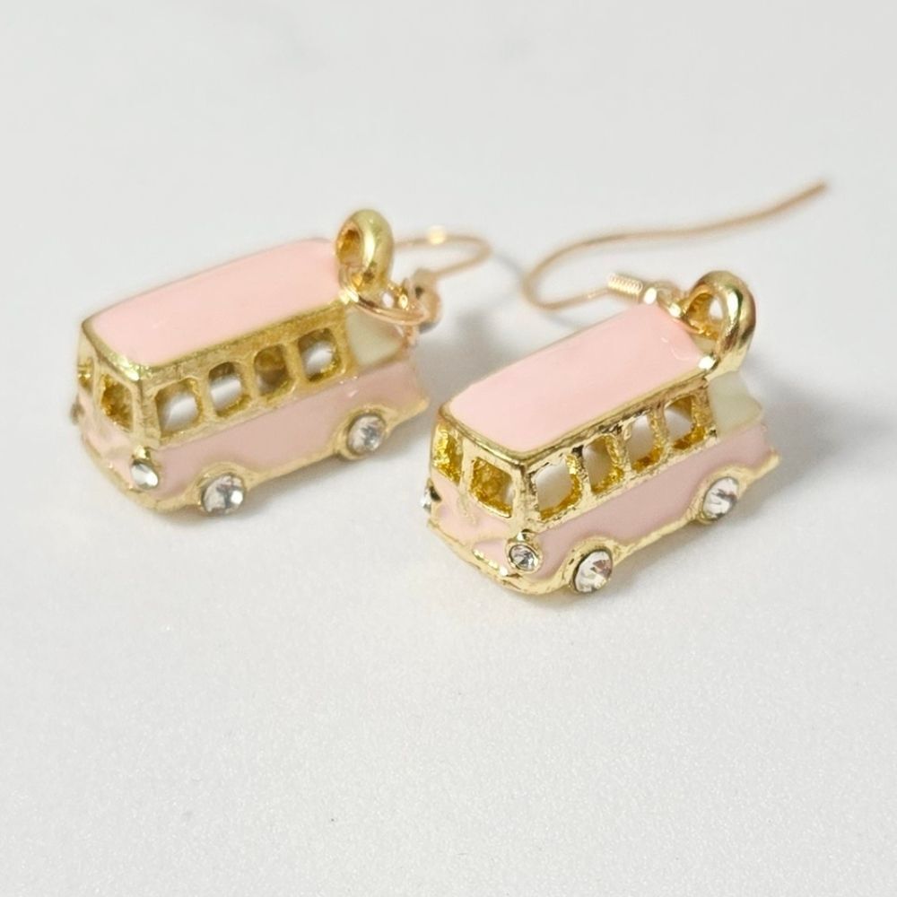 Pastel Pink Mini Bus Earrings Gold Rhinestone Wheels Dangle Retro Y2K Van Life